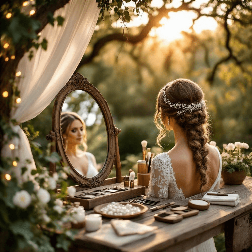 Your Complete Guide to Perfect Wedding Hair That'll Last Through Every "I Do" Moment Close-up view of a rustic wedding preparation area with vintage brass mirrors reflecting a bride's braided updo adorned with baby's breath, surrounded by weatherproof styling products and an emergency touch-up kit on reclaimed wood. The scene features a warm terracotta and sage green palette, fairy lights twinkling through ivy, and sunlight filtering through oak trees onto silk hair accessories and pearl-handled brushes.