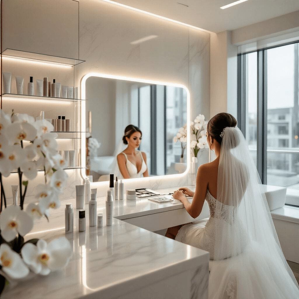 Your Complete Guide to Perfect Wedding Hair That'll Last Through Every "I Do" Moment Wide-angle view of a modern minimalist bridal suite with a bride at an illuminated vanity, a stylist creating a low chignon, sleek marble countertops, glass shelving with hair products, a cathedral veil on an acrylic stand, and bright daylight from floor-to-ceiling windows in a cool ivory and silver color palette.