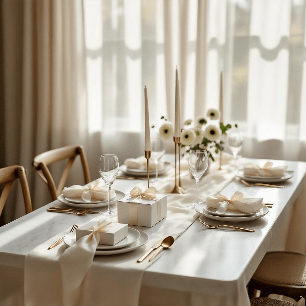 Bridesmaid Proposal Ideas: How to Style the Most Photo-Ready Moment of Your Engagement A stylish indoor bridesmaid proposal brunch setup featuring a marble table with ivory linens, elegant place settings, white florals, and soft natural light streaming through sheer curtains.