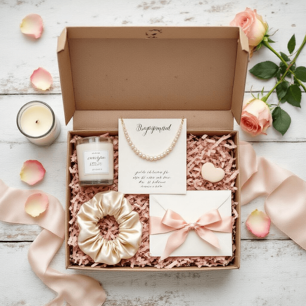 Bridesmaid Proposal Ideas: How to Style the Most Photo-Ready Moment of Your Engagement A romantic overhead flat lay of a bridesmaid proposal box on a whitewashed wood surface, featuring a kraft box with blush tissue paper, a pearl necklace, mini candle, silk scrunchie, calligraphy card, and a handwritten letter, surrounded by dried rose petals, eucalyptus, macarons, a mini champagne bottle, and a ceramic ring dish, illuminated by warm golden light.