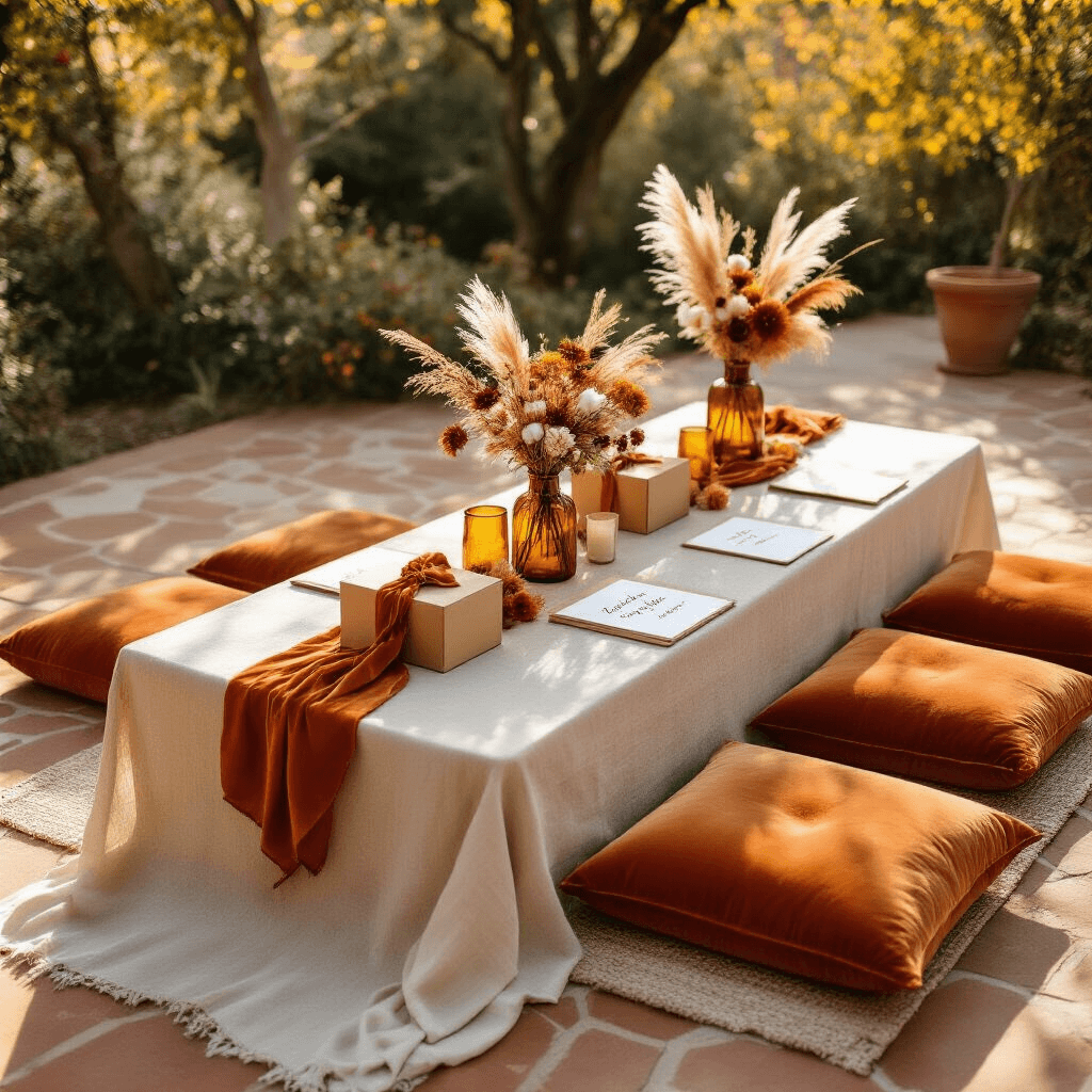 Bridesmaid Proposal Ideas: How to Style the Most Photo-Ready Moment of Your Engagement A wide cinematic shot of an autumn boho bridesmaid proposal setup on a sunlit terracotta stone garden patio, featuring a low rectangular table with a cream linen tablecloth surrounded by oversized floor cushions. Each seat has a curated proposal setup with a kraft box, floral sprig, and hand-lettered card. The tablescape includes amber glass vases with dried foliage and candles, with a terracotta wine bottle and succulent at each corner. String fairy lights hang above a pergola, creating a warm and whimsical atmosphere in warm terracotta, rust, cream, and sage tones during golden hour.