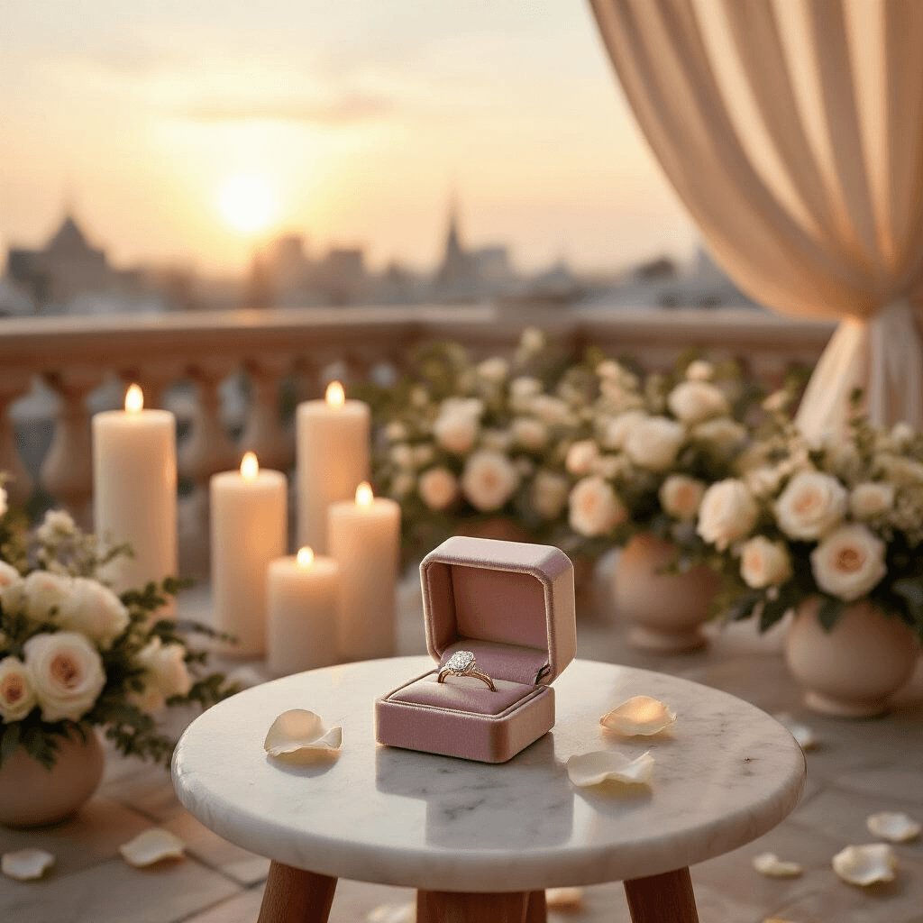 A romantic rooftop proposal setup featuring an open velvet ring box with an oval diamond solitaire ring, surrounded by ivory pillar candles, soft silk drapery, and floral arrangements, all illuminated by golden hour light and bokeh fairy lights in the background.