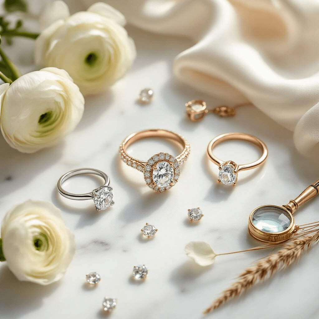 Close-up editorial flat lay of oval engagement ring settings on a white marble surface, featuring a platinum solitaire, rose gold halo, and yellow gold three-stone ring, surrounded by cream ranunculus blooms, scattered diamond melee, an ivory silk cloth, a vintage jeweler's loupe, and dried pampas grass, all illuminated by soft morning light.