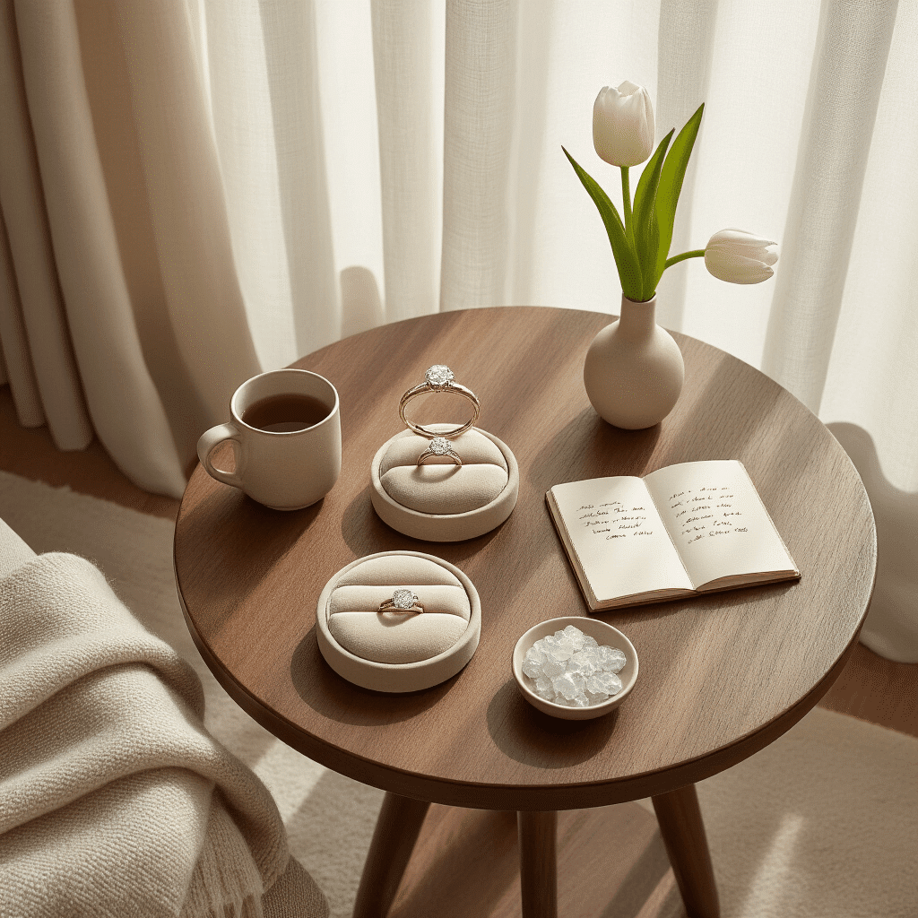 An overhead view of an intimate jewelry consultation scene in a modern apartment, featuring a round walnut table with a ring sizing guide, oval diamond options in a velvet tray, raw diamond crystals, an open notebook, a steaming mug, a white tulip in a bud vase, and a folded cashmere throw, all bathed in soft midday light filtering through sheer curtains. The warm color palette includes ivory, sage, and natural wood tones with gold accents.