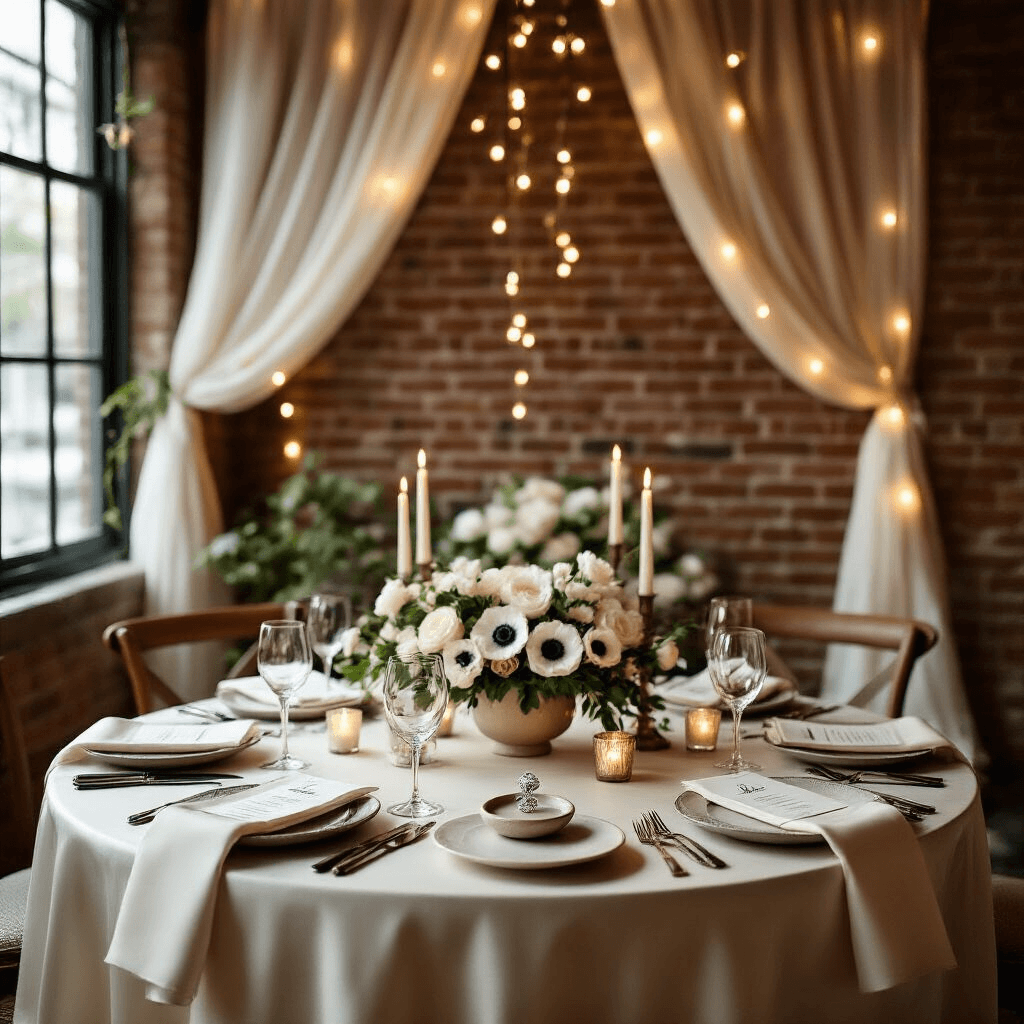 A romantic dinner proposal setup in a candlelit private dining room featuring a round table dressed in deep ivory silk with white linens, custom place cards, and taper candles. The central focus is a ceramic dish holding an engagement ring, surrounded by white flowers and ivy, with elegant crystal stemware and matte black flatware enhancing the intimate ambiance.