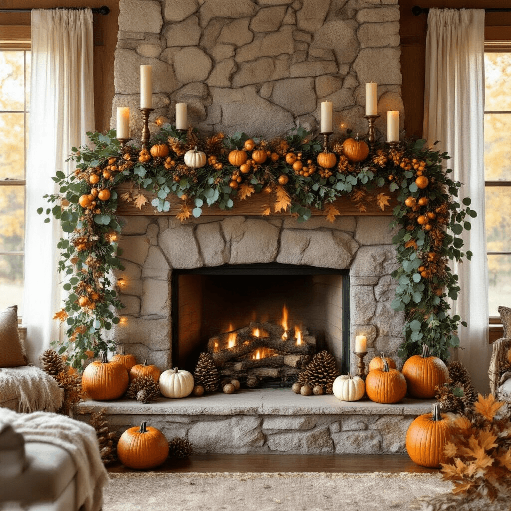 Fall Garland Ideas That'll Make Your Home Instagram-Ready (And Your Neighbors Jealous) Cozy rustic living room with an elegant stone fireplace mantel adorned with layered fall garland, pumpkins, eucalyptus, and warm candlelight during golden hour.
