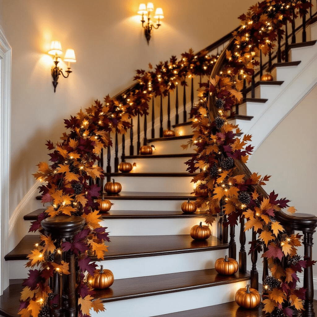 Fall Garland Ideas That'll Make Your Home Instagram-Ready (And Your Neighbors Jealous) A dramatic curved staircase adorned with a luxurious faux fall garland of deep burgundy, burnt orange, and golden yellow leaves, intertwined with warm white LED fairy lights and accented by mini copper pumpkins and pinecones, set against cream walls with soft wall sconces providing ambient lighting.