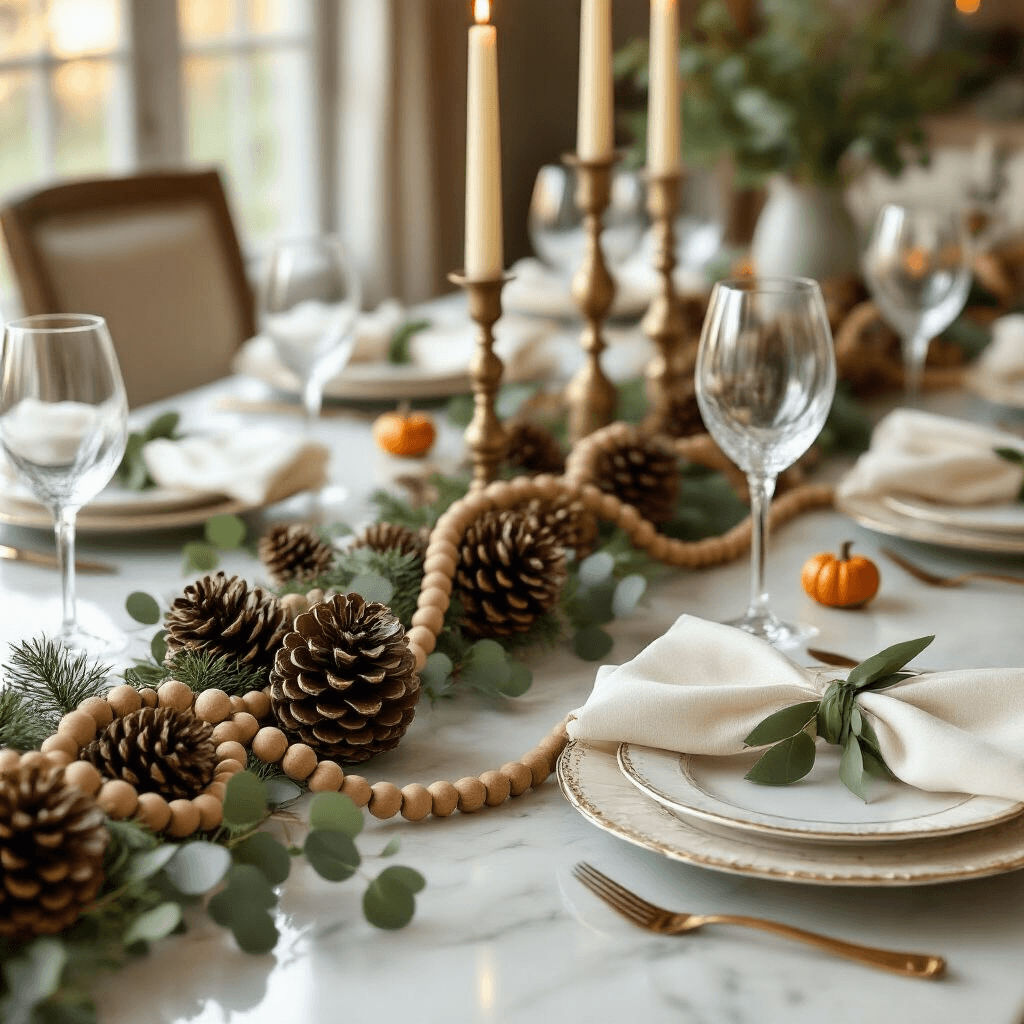 Fall Garland Ideas That'll Make Your Home Instagram-Ready (And Your Neighbors Jealous) Elegant Thanksgiving tablescape featuring a pinecone and wooden bead garland centerpiece on a white marble table, surrounded by fine china with gold rim details, ivory napkins tied with sage green silk ribbon, and tall brass candelabras with cream candles, accented by copper pumpkins and fresh eucalyptus. Captured in soft evening light, showcasing rich textures and a refined color palette of warm gold, cream, natural wood tones, and sage green.