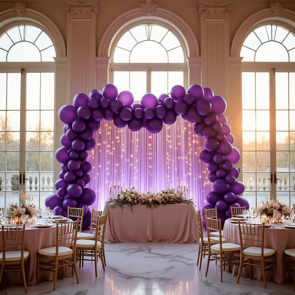 Transform Your Event with a Purple Balloon Garland: The Ultimate DIY Guide Cinematic wide-angle shot of an elegant indoor ballroom during golden hour, featuring a stunning purple balloon garland backdrop behind a sweetheart table, with round dining tables adorned in blush silk linens and gold chiavari chairs. Warm sunlight streams through tall arched windows, illuminating crystal glassware and gold-rimmed charger plates with fresh white orchid centerpieces, while fairy lights woven into the balloon garland add sparkle.