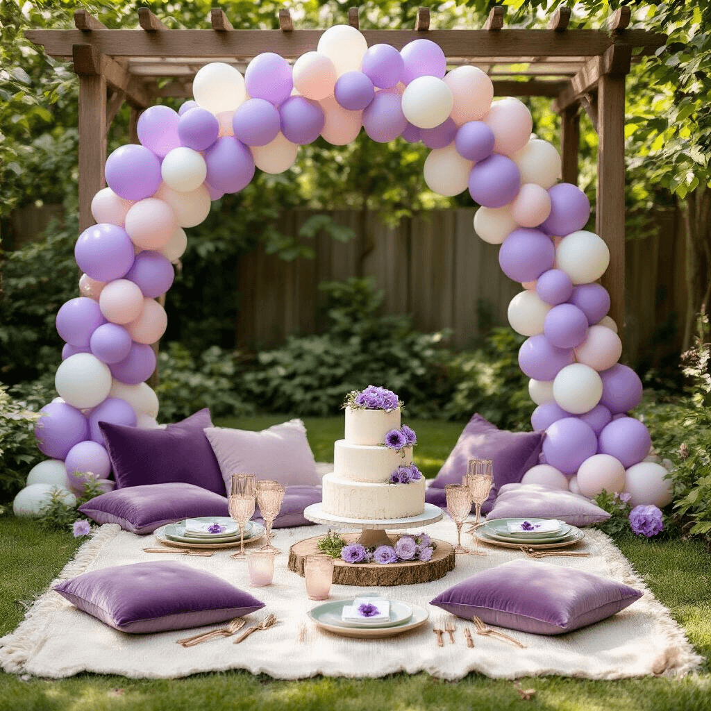 Transform Your Event with a Purple Balloon Garland: The Ultimate DIY Guide Overhead flat lay of a whimsical garden baby shower setup featuring a purple balloon garland, picnic-style table with lavender cushions, sage green ceramic plates, rose gold cutlery, and a three-tiered vanilla cake with fresh purple pansies, all set in soft morning light among greenery.