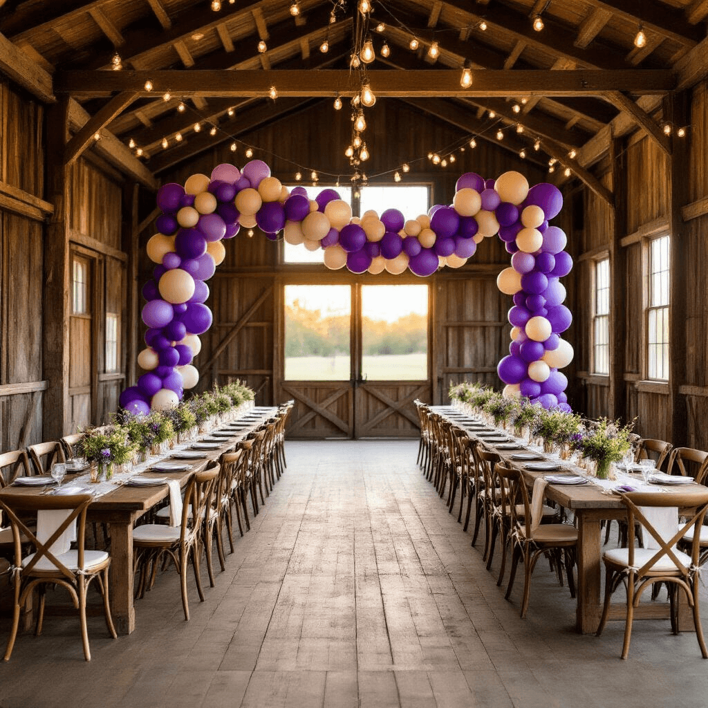 Transform Your Event with a Purple Balloon Garland: The Ultimate DIY Guide Wide-angle shot of a rustic barn wedding reception featuring a lavish purple balloon garland backdrop, long farmhouse tables with burlap runners, vintage mason jar centerpieces, and warm Edison bulb string lights, all creating an intimate and elegant atmosphere during golden hour.