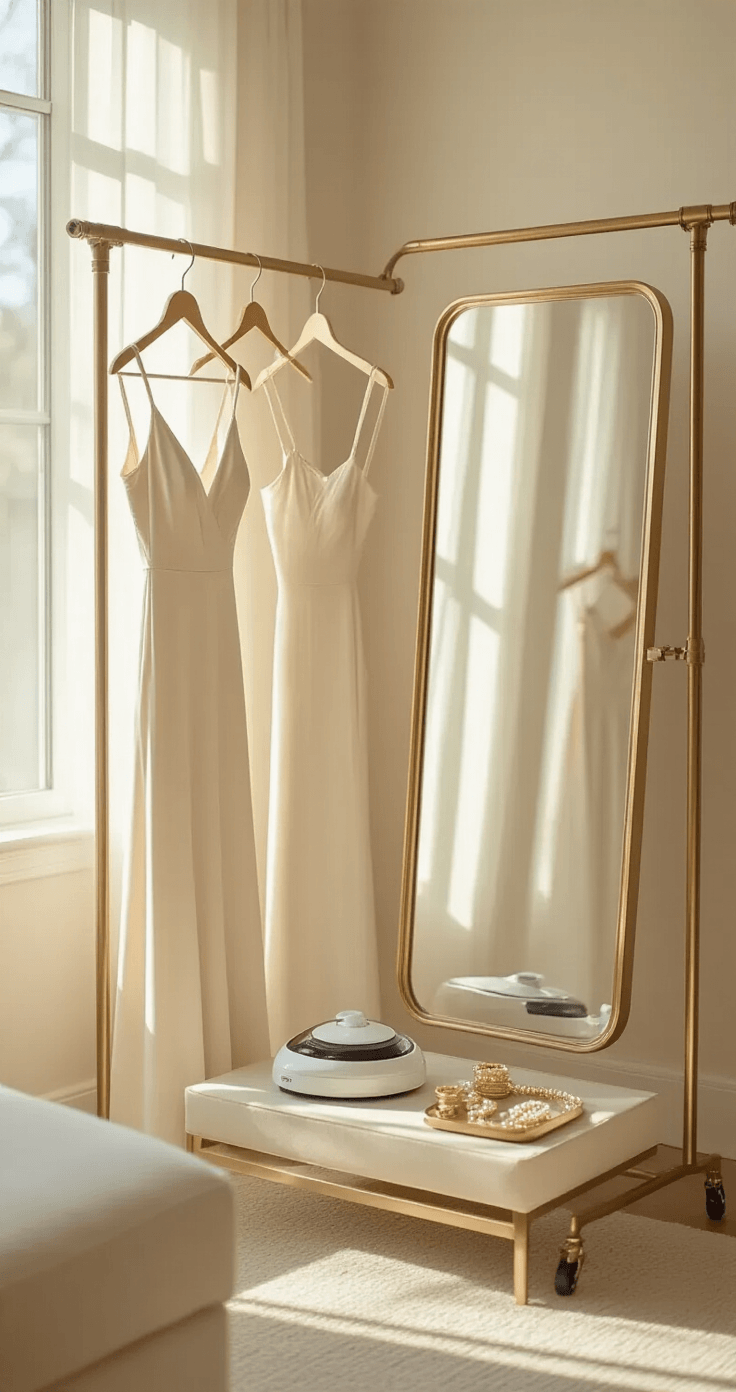 Convertible Bridesmaid Dresses: How One Dress Can Do Everything Your Whole Bridal Party Needs A minimalist indoor styling station featuring a cream-colored bridesmaid dress on a brass clothing rack, alongside a garment steamer and gold accessories, all bathed in soft, diffused morning light. A full-length mirror reflects the elegant setup, conveying a sense of organized calm and pre-wedding anticipation.