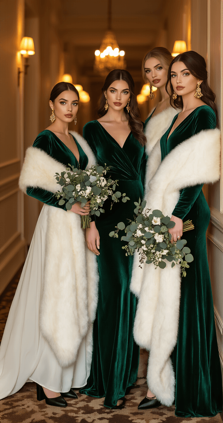 Winter Wedding Bridesmaid Dresses: The Complete Guide to Staying Warm, Stylish, and Absolutely Stunning Three bridesmaids in emerald velvet gowns and ivory faux fur stoles pose in a softly lit hotel ballroom corridor, holding winter bouquets of eucalyptus and white berries, with warm amber lighting enhancing the opulent, romantic atmosphere.