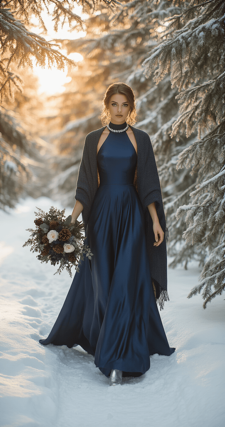 Winter Wedding Bridesmaid Dresses: The Complete Guide to Staying Warm, Stylish, and Absolutely Stunning A bridesmaid in a navy satin gown walks through a snow-dusted pine forest at golden hour, wearing a charcoal wool shawl and silver boots. She holds a dark floral bouquet and a silver crystal necklace shimmers in the soft backlight, with a low-angle view highlighting the gown's sweeping hem against the snow.
