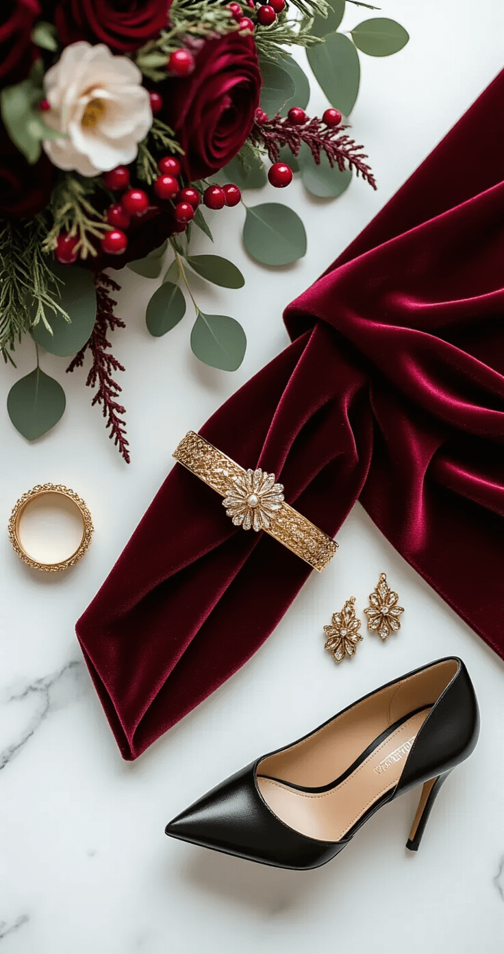 Winter Wedding Bridesmaid Dresses: The Complete Guide to Staying Warm, Stylish, and Absolutely Stunning Close-up photorealistic flat-lay of winter bridesmaid accessories on white marble, featuring a burgundy velvet fabric swatch, gold cuff bracelet, bold statement earrings, embellished belt, scattered red berry and eucalyptus elements, and black pointed-toe heels, all illuminated by soft natural light for a luxurious, festive mood.