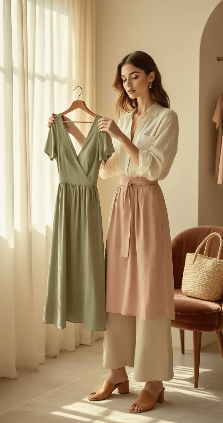 A stylish woman in a sunlit boutique dressing room holds a sage green midi dress against a blush pink one, wearing a cream linen blouse and taupe wide-leg trousers, with tan leather mules on her feet. A neutral woven tote rests on a velvet chair, while soft dusty rose and muted olive tones create a warm, aspirational atmosphere.
