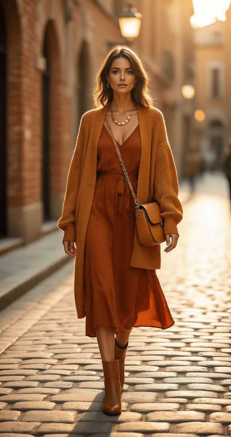 A fashion-forward woman in a rust midi dress and mustard oversized cardigan strolls a sunlit cobblestone street at golden hour, showcasing earthy tones with tan ankle boots and a camel leather crossbody bag, while a chunky gold necklace glimmers in the light, set against a soft bokeh background of warm brick walls.