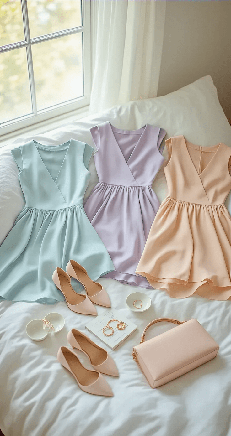 A serene overhead flat lay of a minimalist bedroom vanity featuring mismatched pastel dresses in ice blue, lavender, and soft peach on white linen sheets, accompanied by delicate gold jewelry, nude satin heels, a pale pink handbag, and stylish accessories, all illuminated by soft north-facing window light.