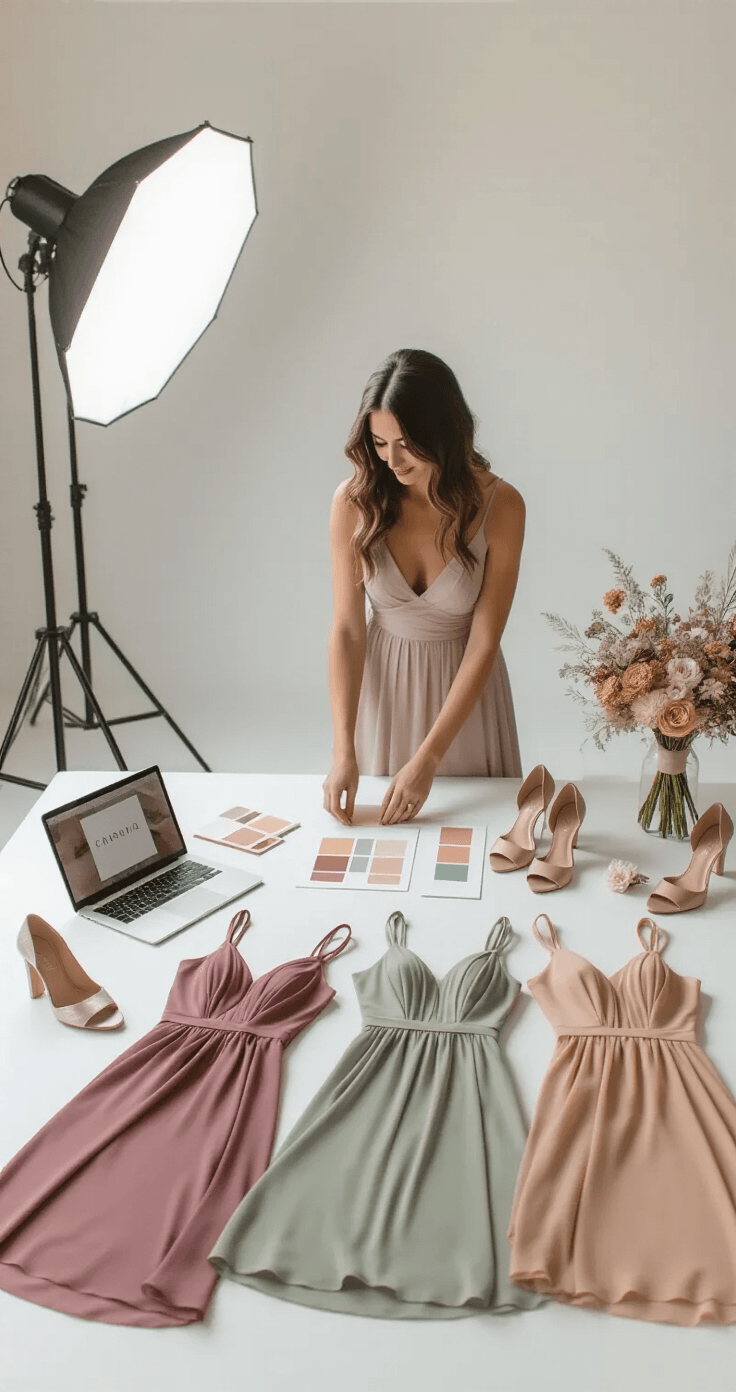 A bright studio space featuring a woman arranging a flat lay of mismatched bridesmaid dresses in dusty rose, mauve, champagne, sage, and soft terracotta on a clean white surface. Surrounding the dresses are matching satin heels, floral hair accessories, and dried bouquet bundles. A laptop screen displays color swatches and a Canva mood board, all illuminated by soft diffused light from a large softbox. The scene is captured from an overhead angle, showcasing an editorial wedding-planning aesthetic with fabrics including satin, chiffon, and lightweight crepe.