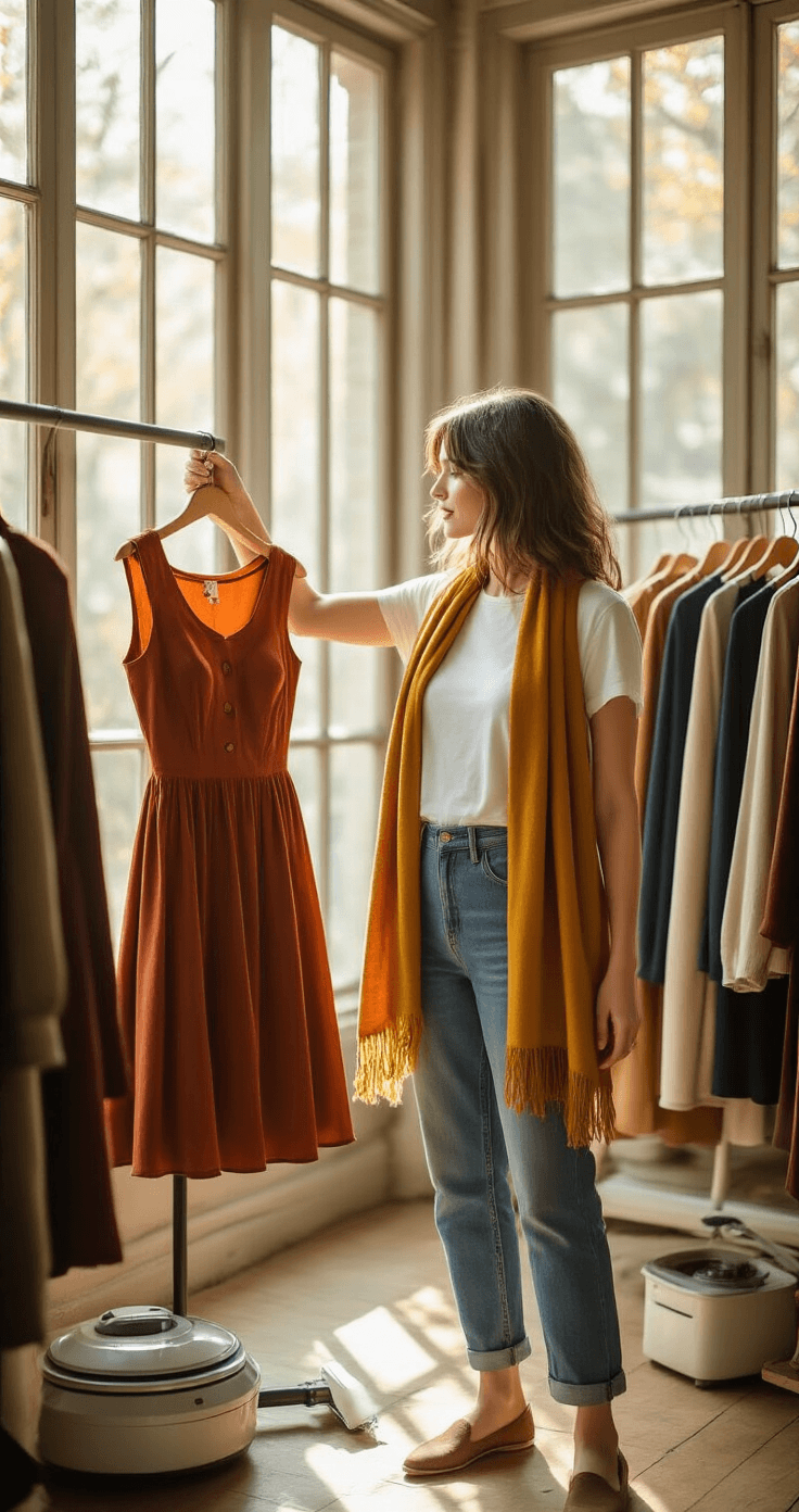 A woman in relaxed jeans and a white tee holds up a rust-colored A-line dress to a mirror, with a mustard wool scarf draped over her shoulder. Surrounding racks display solid-color dresses in burgundy, olive, cream, and navy. Warm afternoon light filters through vintage windows, illuminating the scene with earthy tones and pops of jewel colors. A steamer and lint roller sit nearby.