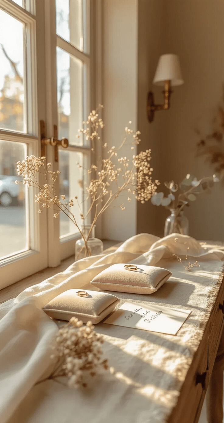 A sunlit jewelry boutique interior featuring a reclaimed walnut display table with a white linen runner, delicate promise rings on a dusty rose velvet cushion, and soft eucalyptus sprigs, all bathed in warm amber light from floor-to-ceiling windows. The walls are painted in warm greige with brass sconces, creating an intimate atmosphere in a photorealistic editorial style.