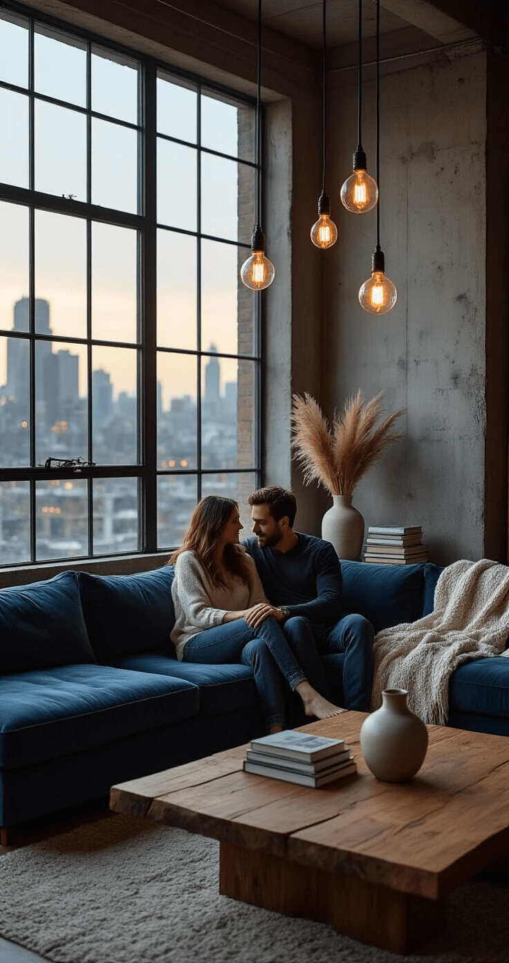 A cozy modern living room with exposed concrete walls, featuring a slate-blue velvet sectional and a rustic live-edge oak coffee table, illuminated by warm Edison bulbs and ambient city glow through industrial windows, capturing a tender moment between a couple.