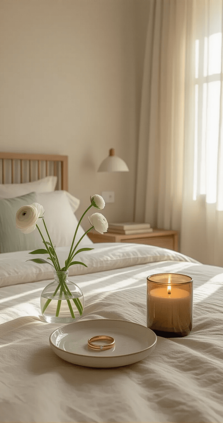 A serene minimalist bedroom sanctuary featuring a king-sized bed with a natural oak frame, soft morning light filtering through sheer linen curtains, and herringbone oak floors, complemented by a bedside table with a dainty promise ring, flickering candle, and fresh white ranunculus stems. Color palette includes bone white, warm taupe, sage green, and soft gold.