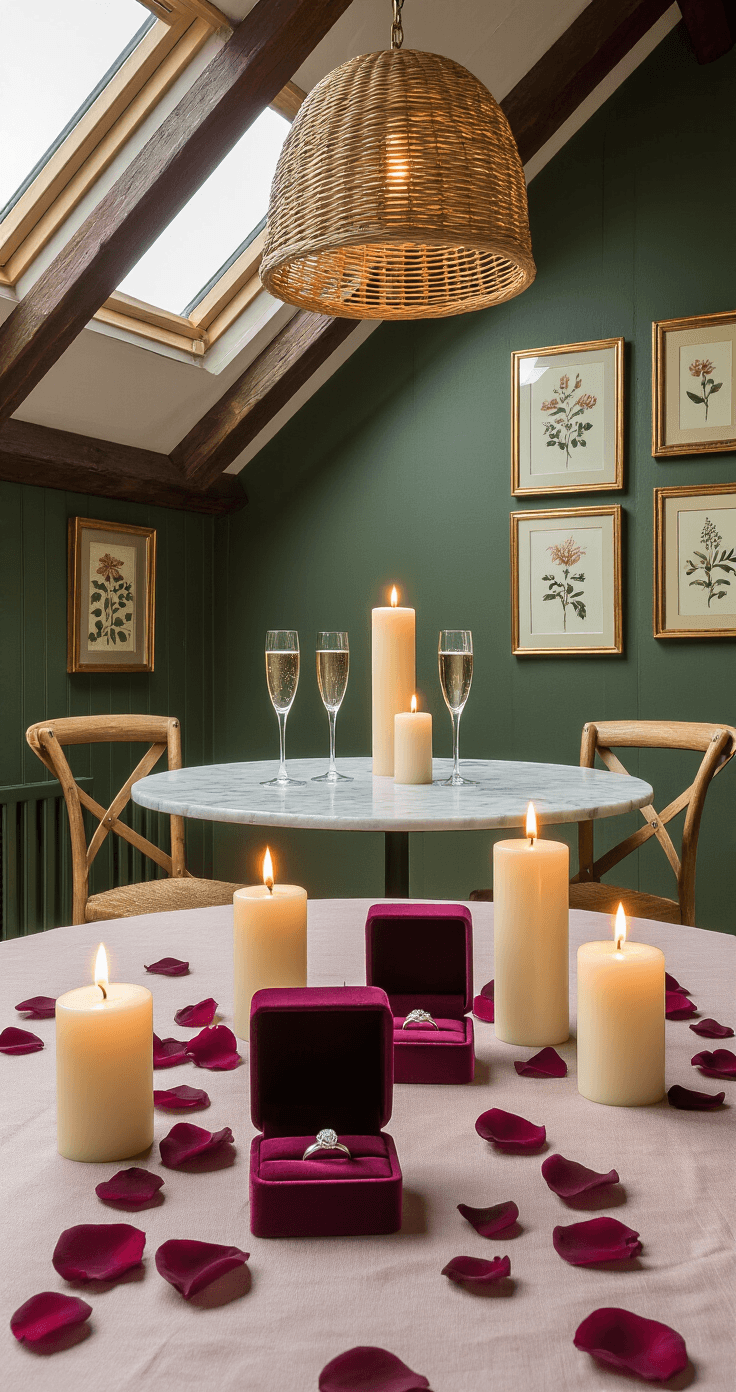 A cozy candlelit dining room featuring a round marble-top table for two, adorned with a dusty rose linen tablecloth and ivory pillar candles, with an open velvet ring box showcasing promise rings amid rose petals, set against deep forest green walls and dark timber beams.