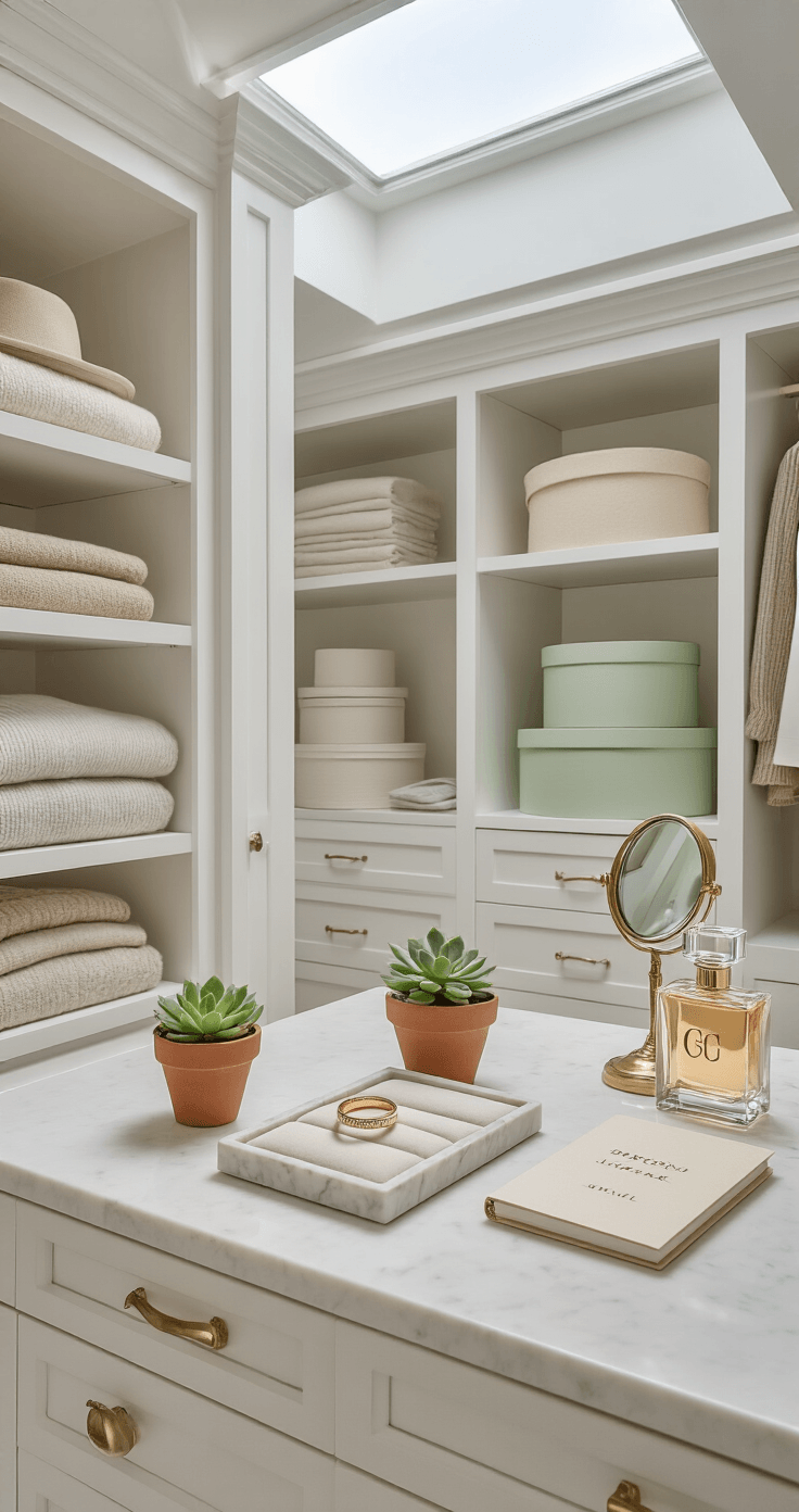 A bright walk-in closet featuring custom white shaker cabinetry and a soft white quartz countertop, illuminated by natural light from a frosted skylight. An engraved promise ring rests on a marble tray alongside a small succulent in a terracotta pot, a monogrammed journal, and a glass perfume bottle. Open shelving displays neutral cashmere and stacked hatboxes in sage and cream, while a brass magnifying mirror reflects the ambient light. The setting exudes an organized, personal, and aspirational mood.