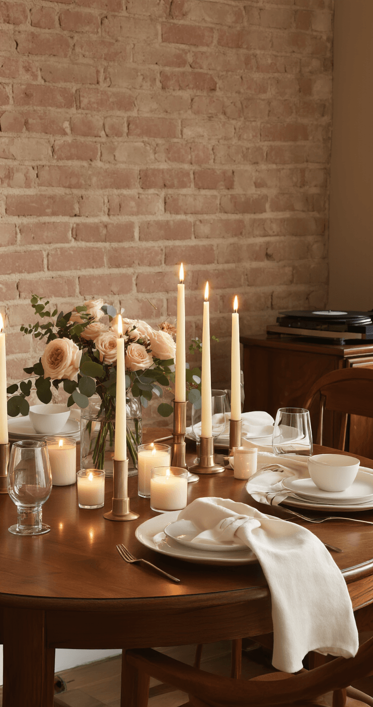 A cozy dining room at dusk, featuring a round mahogany table illuminated by seven ivory pillar candles, set for two with cream linen napkins and white ceramic dinnerware, surrounded by warm greige walls and a flowery centerpiece of blush roses and eucalyptus. A vinyl record player adds to the romantic atmosphere.