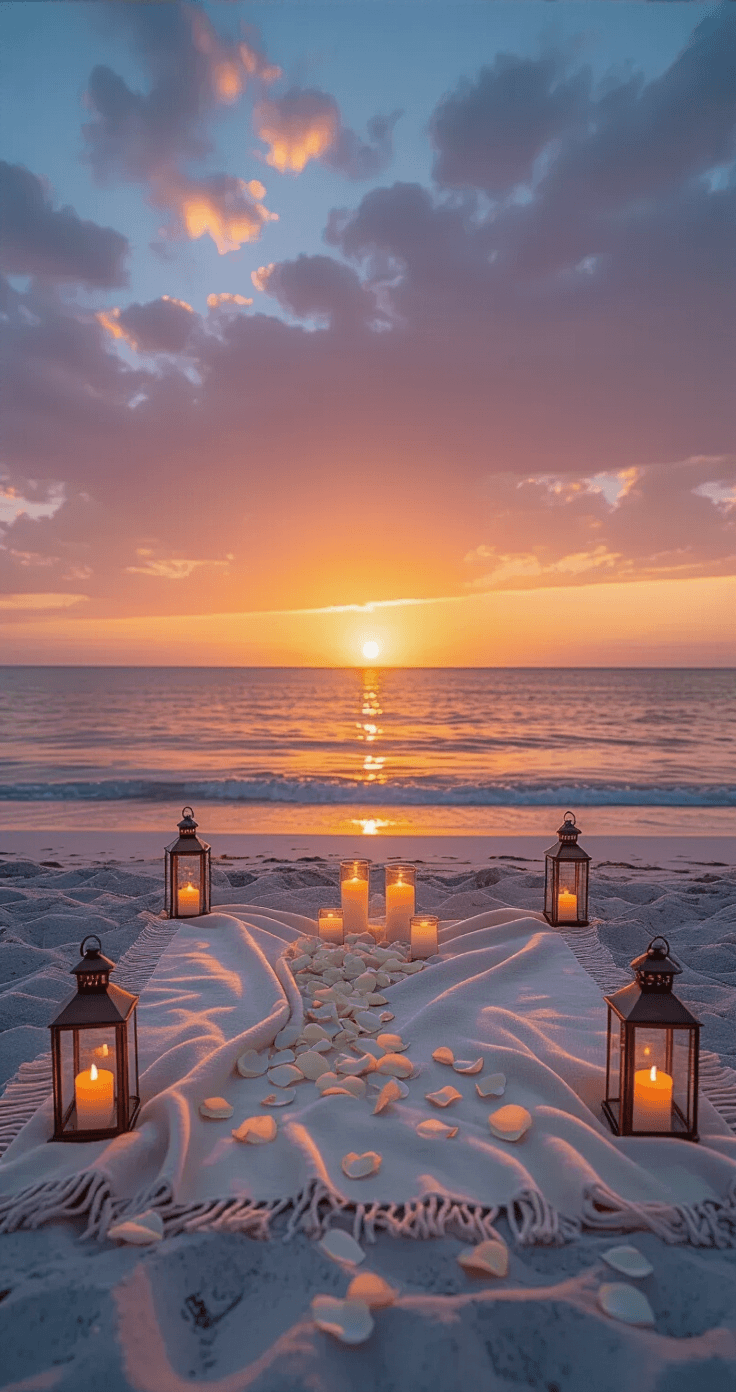 A romantic coastal proposal setup at golden hour, featuring a cream wool picnic blanket on pale sand, flickering candles in hurricane glass holders, scattered ivory rose petals, and soft LED lanterns, all against a dramatic sunset sky transitioning from tangerine to lavender blue.