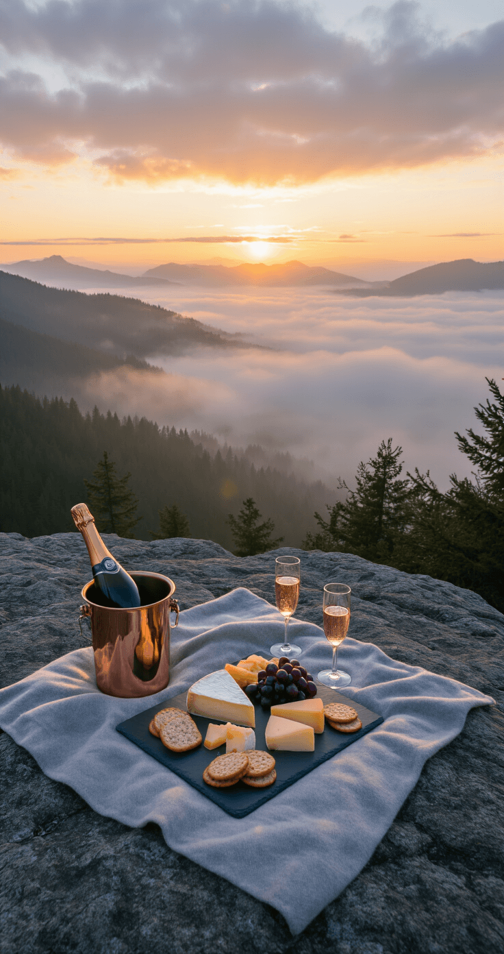 A misty mountain overlook at dawn features a compact hiking picnic setup on granite rock, with a slate grey blanket, a charcuterie board of cheeses and grapes, a bottle of champagne in a copper ice bucket, and crystal flute glasses, all bathed in warm golden and rose tones from the sunrise, with pine forests and distant slate blue mountains in the background.