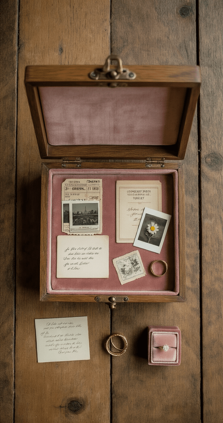 An overhead flat lay of a memory keepsake box proposal setup on aged oak flooring, featuring an open wooden box lined with dusty rose velvet, surrounded by vintage concert ticket stubs, polaroid photographs, a handwritten letter, a pressed wildflower, a gold ring box, dried pampas grass, and a lit beeswax taper candle in a brass holder.