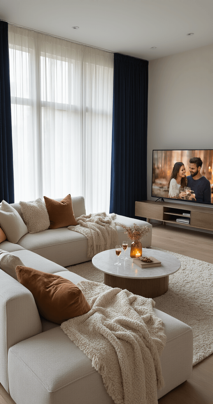 A cozy, intimate living room set up for a couple's movie night proposal, featuring a sectional sofa, glowing television with a photo montage, marble coffee table with sparkling wine and candlelight, all captured from a low wide angle in a modern apartment.