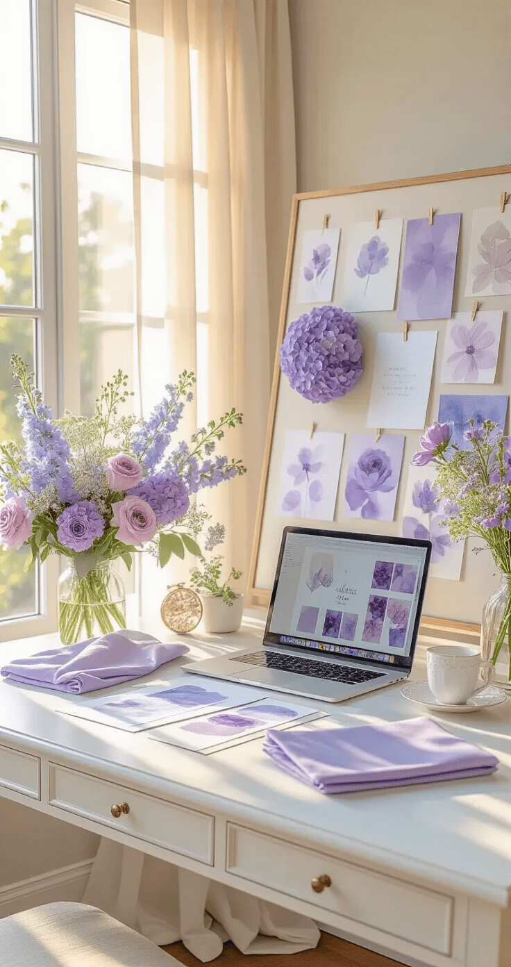 Purple and Blue Wedding Theme: How to Plan, Style, and Capture the Most Stunning Celebration A bright wedding planning studio filled with lavender and periwinkle fabric swatches, watercolor invitations, and a mood board of flowers, featuring a white marble desk and soft afternoon light streaming through large windows.