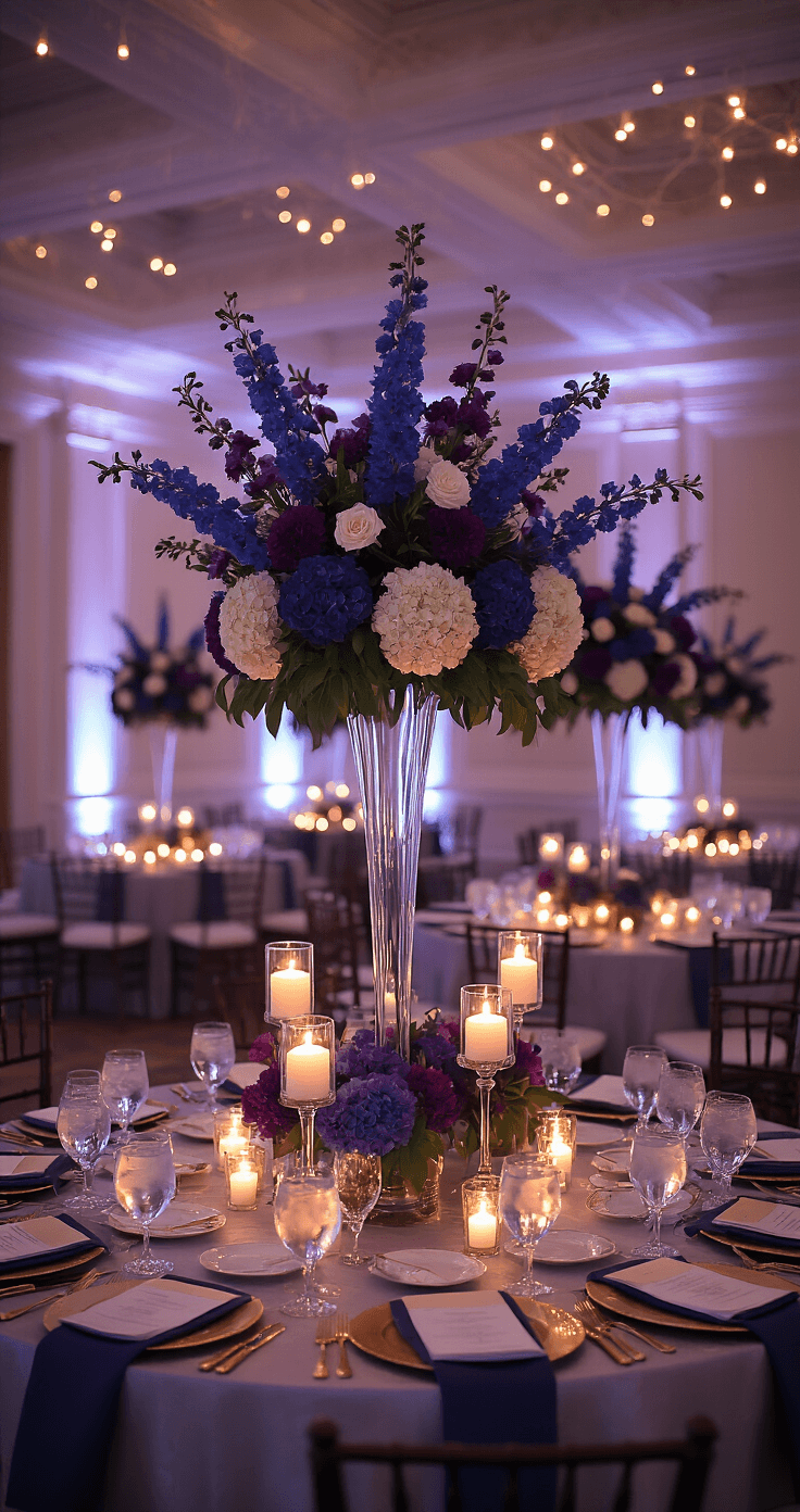 Purple and Blue Wedding Theme: How to Plan, Style, and Capture the Most Stunning Celebration A luxurious ballroom reception with coffered ceilings, navy and amethyst uplighting, dove gray tablecloths, towering floral centerpieces, and warm candlelight, captured from an elevated angle during twilight.