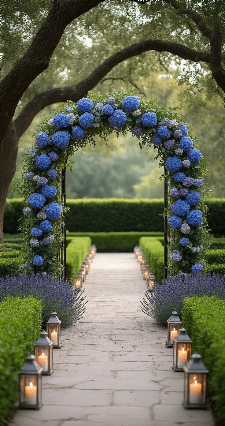 Purple and Blue Wedding Theme: How to Plan, Style, and Capture the Most Stunning Celebration A lush garden ceremony archway adorned with blue and purple hydrangeas, jasmine, eucalyptus, and lavender, photographed in soft morning light against mature oak trees. A stone pathway lined with glass lanterns leads to the wrought iron arch, capturing a dreamy, romantic atmosphere.