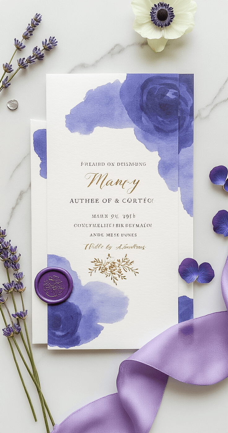Purple and Blue Wedding Theme: How to Plan, Style, and Capture the Most Stunning Celebration A close-up editorial flatlay featuring a purple and blue wedding invitation suite on a white marble surface, showcasing a hero invitation with navy watercolor brushstrokes and gold foil botanical lettering, accompanied by a purple wax seal, amethyst-lined envelopes, a sprig of dried lavender, silver foil confetti, a blue anemone bloom, and a lilac satin ribbon, all bathed in soft north-facing studio light.