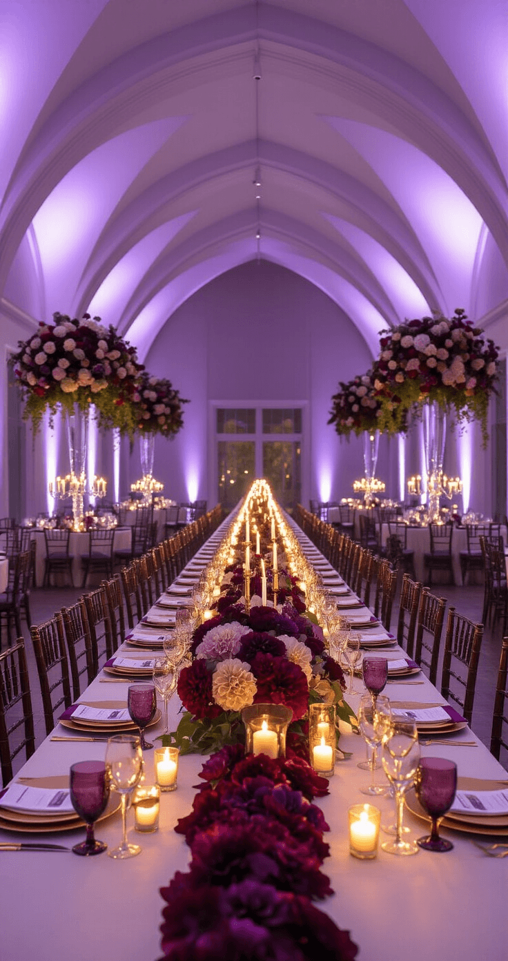 Purple and Burgundy Wedding Colors: How to Pull Off This Stunning Palette Without It Looking Like a Halloween Party A twilight wedding reception hall with a vaulted ceiling, featuring a long banquet table adorned with ivory linen and rich burgundy floral arrangements, illuminated by soft violet uplighting and warm candlelight.