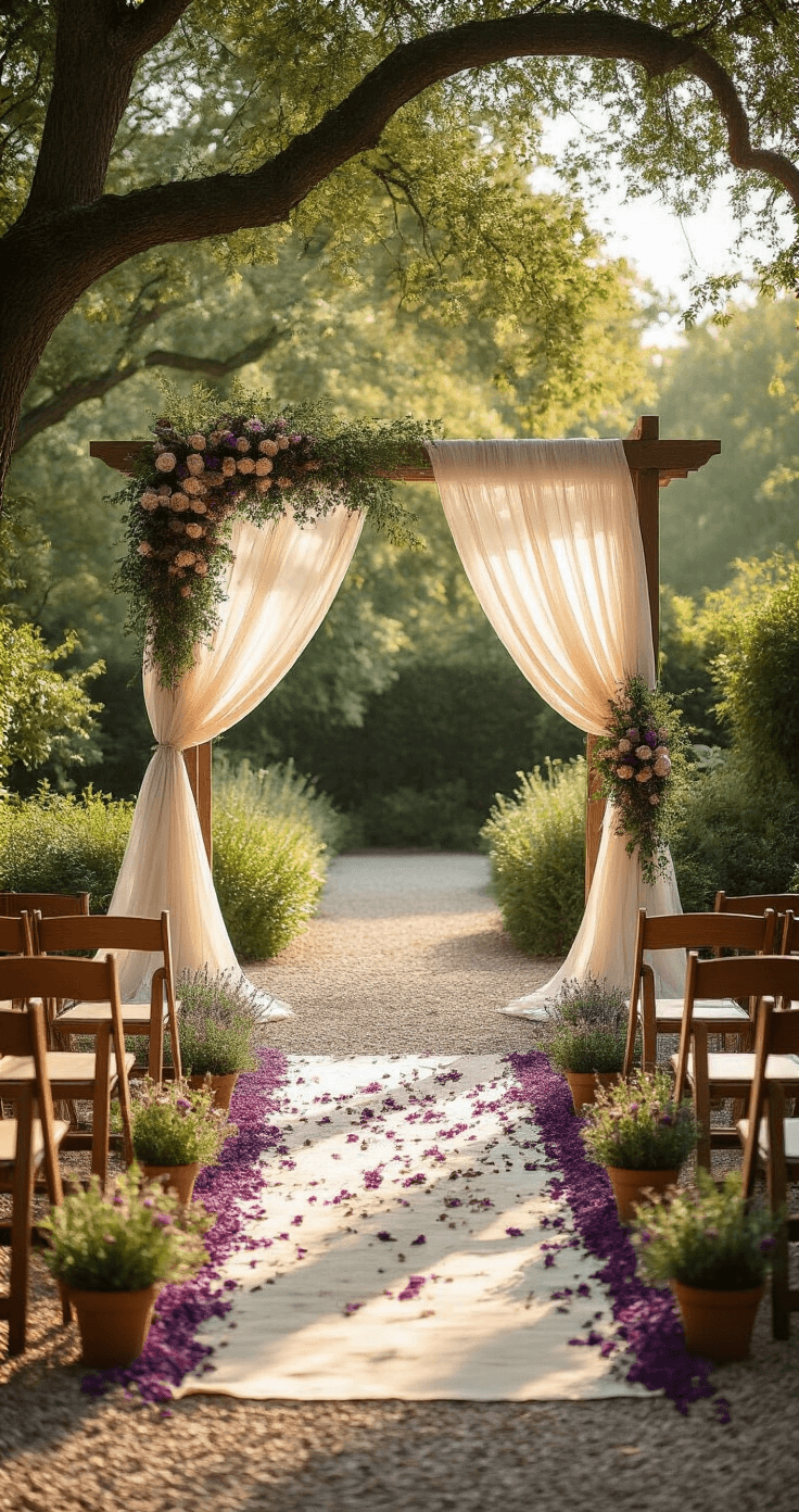 Purple and Burgundy Wedding Colors: How to Pull Off This Stunning Palette Without It Looking Like a Halloween Party A sunlit English garden wedding ceremony featuring a wooden arch draped in ivory chiffon, adorned with lavender, burgundy roses, and purple clematis, flanked by low terracotta pots of roses along a lavender petal-strewn aisle, under dappled light from oak trees, with weathered wooden chairs decorated with eucalyptus ribbons.