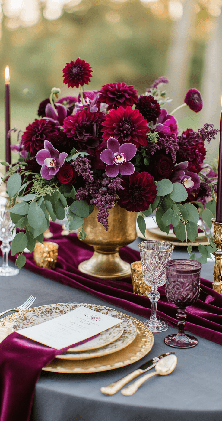Purple and Burgundy Wedding Colors: How to Pull Off This Stunning Palette Without It Looking Like a Halloween Party Close medium shot of an elegant fall wedding reception tablescape featuring a round table for ten with charcoal gray linen, a deep burgundy velvet runner, and a low hammered gold centerpiece filled with burgundy dahlias, plum roses, and purple orchids, complemented by gold charger plates, crystal stemware with amethyst hues, and dark purple taper candles casting warm candlelight in a bokeh background.