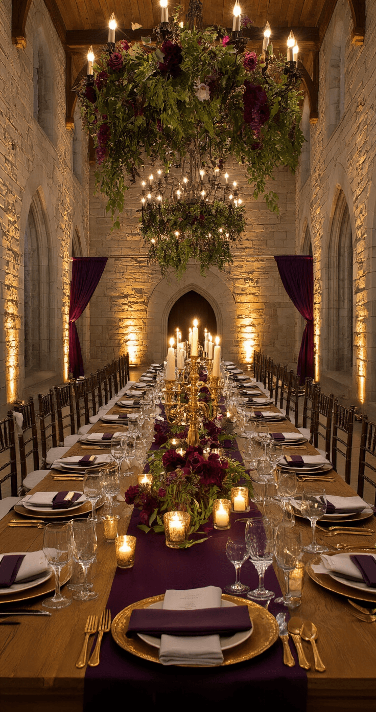 Purple and Burgundy Wedding Colors: How to Pull Off This Stunning Palette Without It Looking Like a Halloween Party A grand candlelit wedding reception in a 60-foot hall with stone walls and amber uplighting, featuring long trestle tables adorned with gold candlestick holders, crystal glassware, and deep purple floral garlands under iron chandeliers.