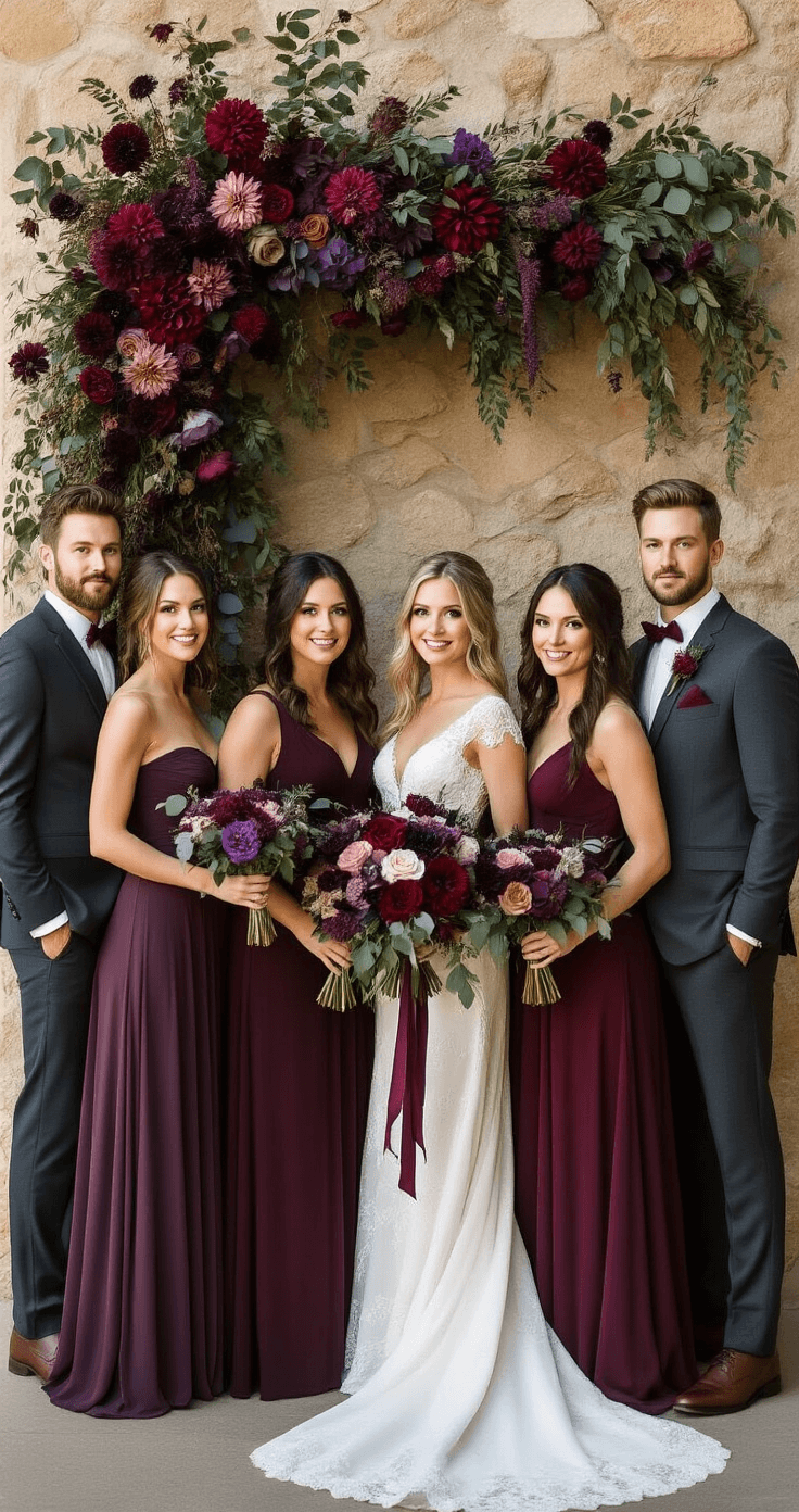 Purple and Burgundy Wedding Colors: How to Pull Off This Stunning Palette Without It Looking Like a Halloween Party A dramatic autumn bridal party portrait featuring five bridesmaids in mismatched gowns from deep burgundy to soft lilac, standing against a textured stone wall adorned with a lush floral installation, while three groomsmen in charcoal suits with burgundy pocket squares pose beside them. The warm late-afternoon light casts deep shadows, enhancing the rich textures of their attire.