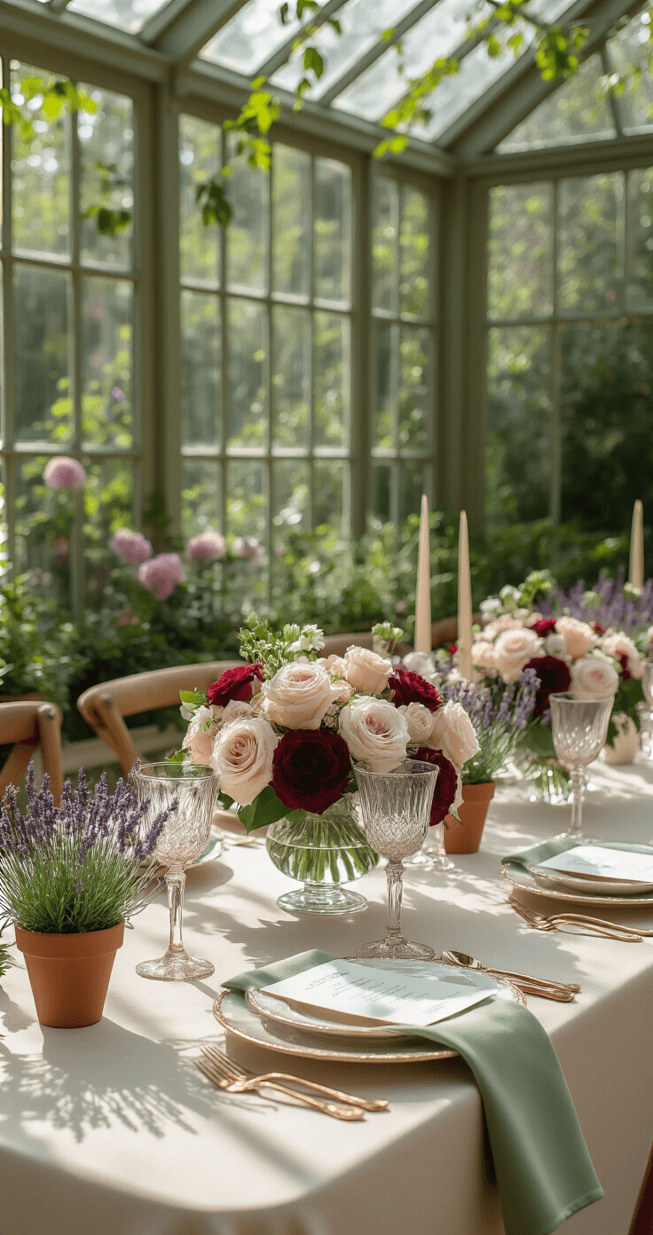 Purple and Burgundy Wedding Colors: How to Pull Off This Stunning Palette Without It Looking Like a Halloween Party A beautifully arranged spring wedding tablescape featuring soft ivory linens, low-profile centerpieces of blush and burgundy roses, purple hydrangeas, and terracotta pots of lavender, all illuminated by natural light in a conservatory setting.