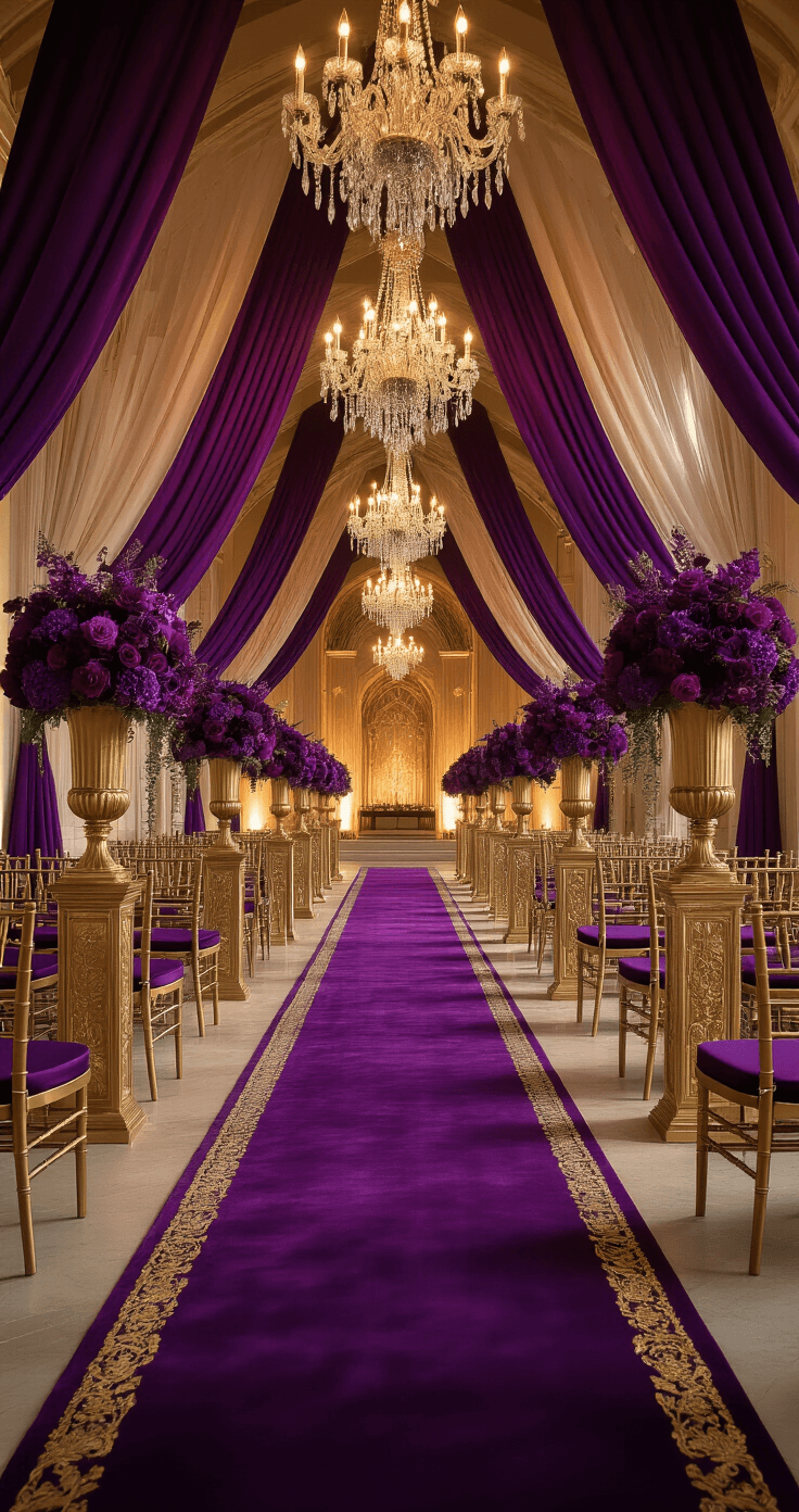 Purple and Gold Wedding: How to Pull Off a Royal Look That Actually Feels Luxurious (Not Costume-y) A grand wedding ceremony space featuring a royal purple aisle runner leading to an ornate arch, adorned with eggplant and plum fabrics, surrounded by gold vases filled with violet orchids, amethyst dahlias, and deep purple roses, with gold chiavari chairs and overhead crystal strands, all illuminated by warm amber light for an opulent atmosphere.