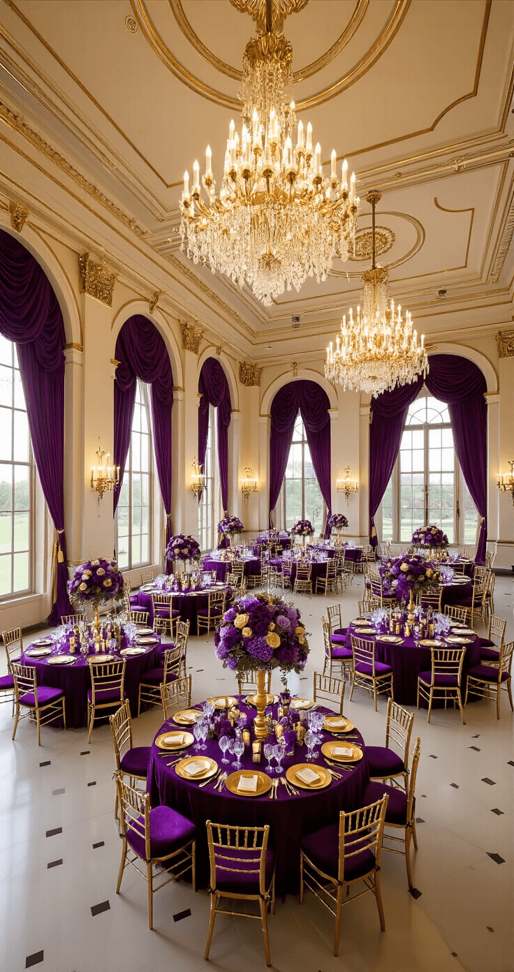 Purple and Gold Wedding: How to Pull Off a Royal Look That Actually Feels Luxurious (Not Costume-y) A grand ballroom elegantly decorated with purple velvet drapes, gold crystal chandeliers, and opulent tables adorned with deep plum tablecloths and luxurious floral centerpieces, creating a romantic and palatial atmosphere.
