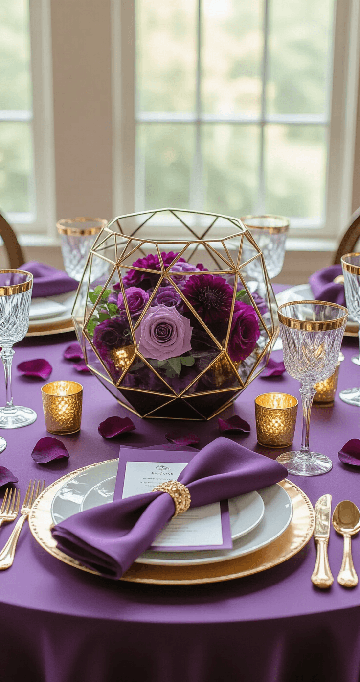 Purple and Gold Wedding: How to Pull Off a Royal Look That Actually Feels Luxurious (Not Costume-y) Intimate close-up of a luxurious table setting draped in eggplant linen, featuring a gold terrarium centerpiece with purple blooms, gold charger plates, ivory porcelain, ornate gold napkin rings, and scattered purple rose petals, all illuminated by soft afternoon light.