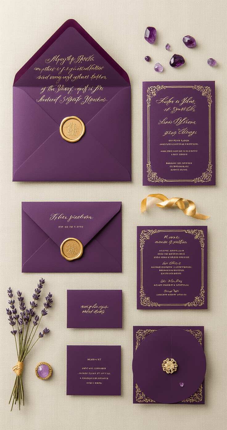 Purple and Gold Wedding: How to Pull Off a Royal Look That Actually Feels Luxurious (Not Costume-y) A flat-lay wedding stationery arrangement featuring deep purple envelopes with gold calligraphy, gold foil embossed suite cards, a crimson wax seal, purple-and-gold menu and place cards, a vintage gold brooch-style program, dried lavender sprigs, gold ribbon curls, and amethyst gemstones, all set against a textured champagne linen background.