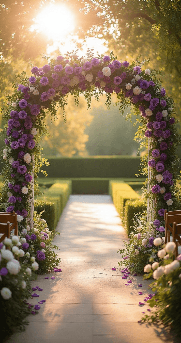 Purple Wedding Flowers: The Only Guide You'll Ever Need to Plan a Stunning Purple Wedding A wedding arch adorned with cascading purple roses, trailing clematis vines, and ivory lisianthus is illuminated by golden hour sunlight in a lush garden, creating a romantic and ethereal atmosphere.