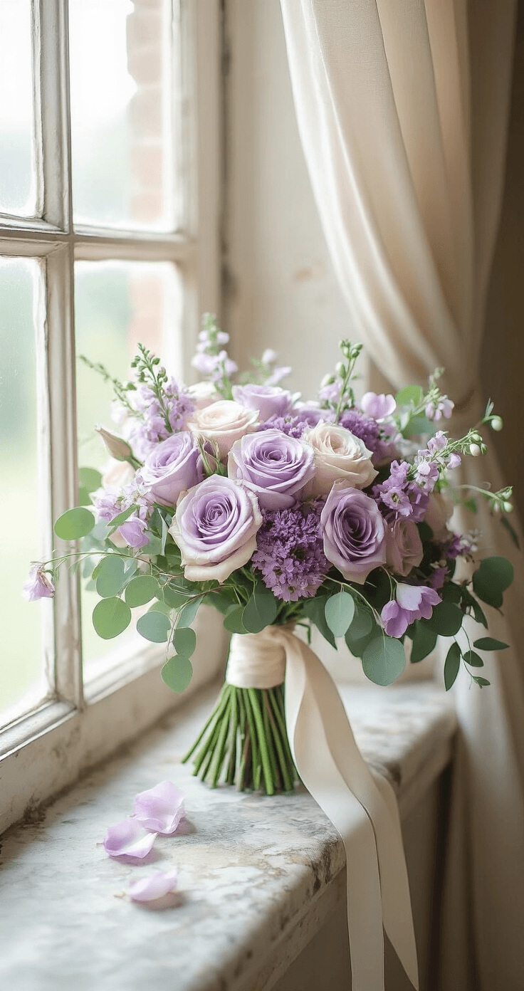 Purple Wedding Flowers: The Only Guide You'll Ever Need to Plan a Stunning Purple Wedding An intimate close-up of a romantic garden wedding bouquet featuring lavender roses, purple lisianthus, trailing eucalyptus, and sweet peas, with silk ivory ribbons, resting on a weathered marble windowsill bathed in soft morning light, creating a dreamy atmosphere.